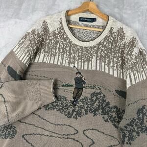 Vintage Carmel Golf Landscape Knit Sweater Golfer Scene Made In USA Mens L Rare